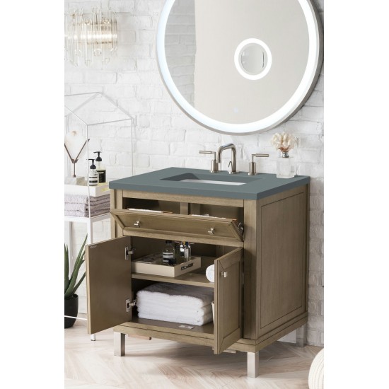 Chicago 30" Single Vanity, Whitewashed Walnut w/ 3 CM Cala Blue Quartz Top