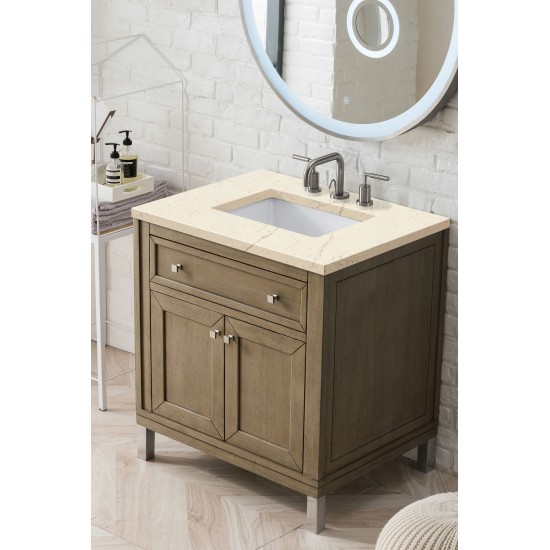 Chicago 30" Single Vanity, Whitewashed Walnut w/ 3 CM Eternal Marfil Quartz Top