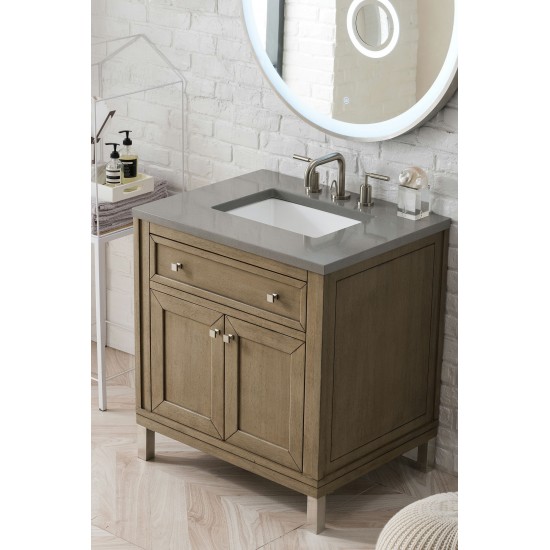 Chicago 30" Single Vanity, Whitewashed Walnut w/ 3 CM Grey Expo Quartz Top