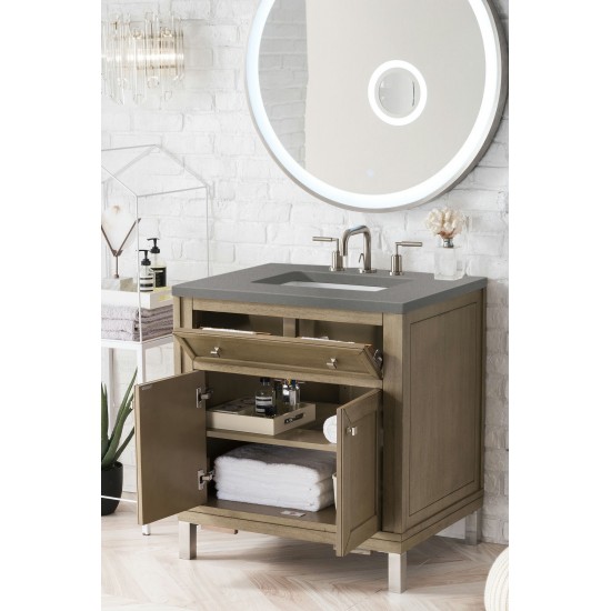 Chicago 30" Single Vanity, Whitewashed Walnut w/ 3 CM Grey Expo Quartz Top