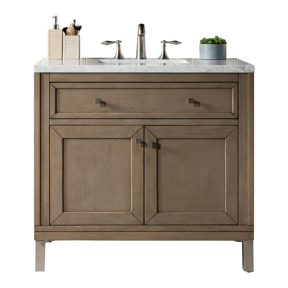 Chicago 36" Single Vanity, Whitewashed Walnut w/ 3 CM Carrara Marble Top