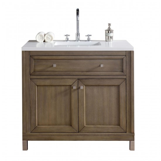 Chicago 36" Single Vanity, Whitewashed Walnut w/ 3 CM Classic White Quartz Top