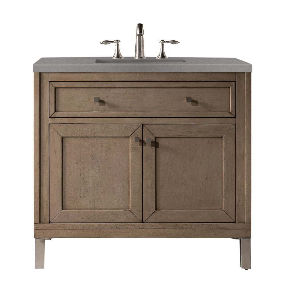 Chicago 36" Single Vanity, Whitewashed Walnut w/ 3 CM Grey Expo Quartz Top Chicago 36" Single Vanity, Whitewashed Walnut w/ 3 CM Grey Expo Quartz Top