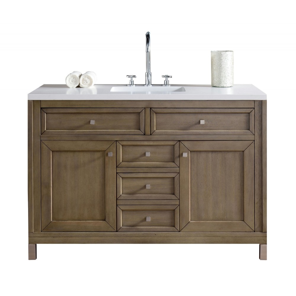 Chicago 48" Single Vanity, Whitewashed Walnut w/ 3 CM Classic White Quartz Top