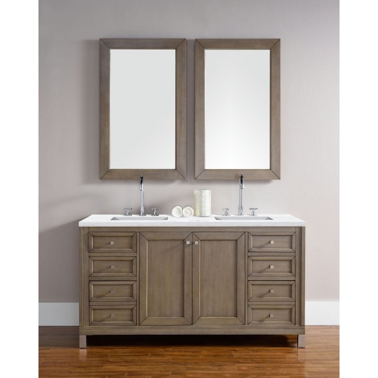 Chicago 60" Double Vanity Walnut w/3 CM Arctic Fall Solid Surface Top