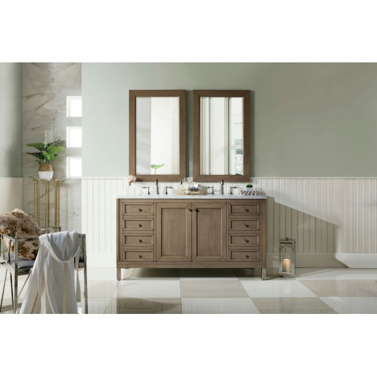 Chicago 60" Double Vanity, Whitewashed Walnut w/ 3 CM Carrara Marble Top