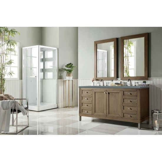 Chicago 60" Double Vanity, Whitewashed Walnut w/ 3 CM Cala Blue Quartz Top