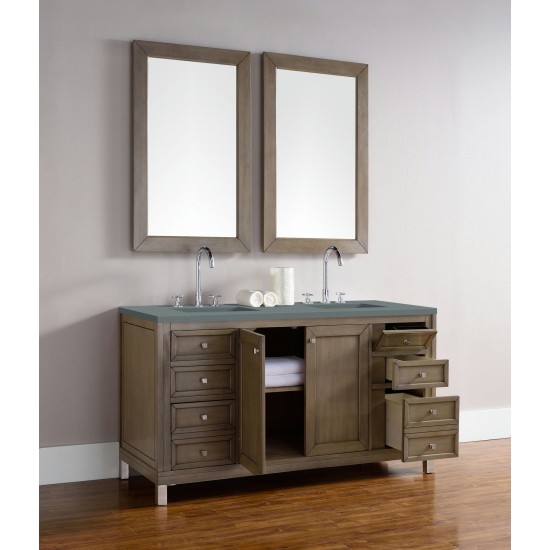 Chicago 60" Double Vanity, Whitewashed Walnut w/ 3 CM Cala Blue Quartz Top