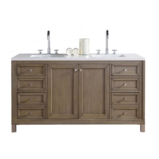 Chicago 60" Double Vanity, Whitewashed Walnut w/ 3 CM Classic White Quartz Top