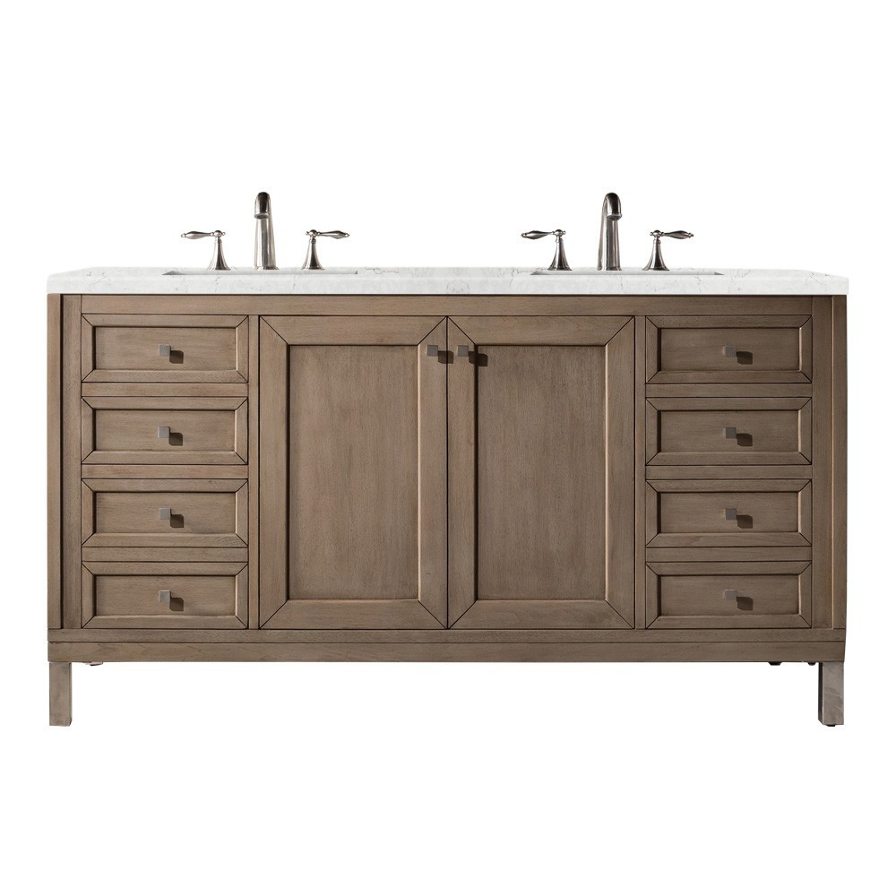 Chicago 60" Double Vanity Whitewashed Walnut w/ 3 CM Jasmine Pearl Quartz Top