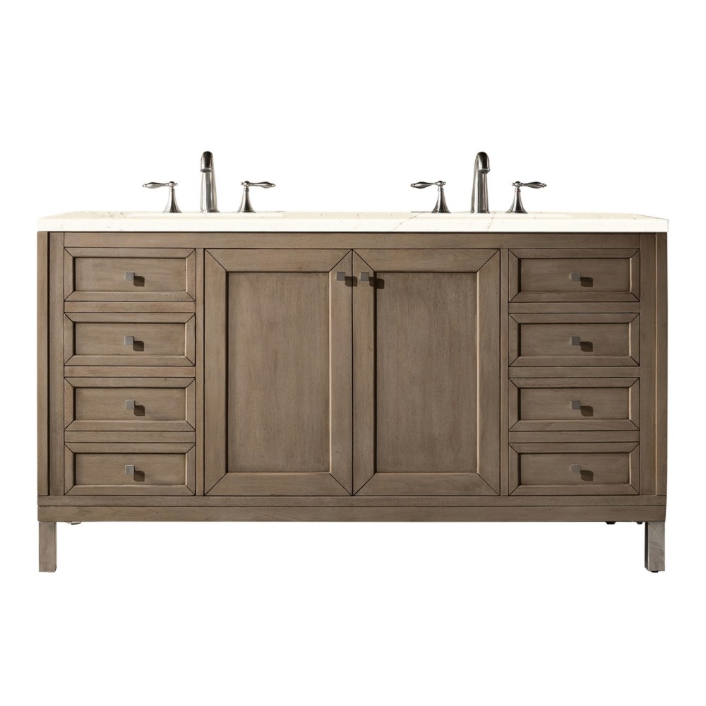 Chicago 60" Double Vanity, Whitewashed Walnut w/ 3 CM Eternal Marfil Quartz Top