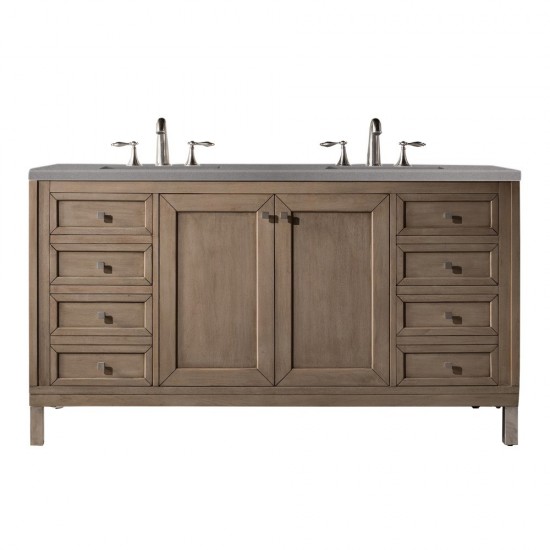 Chicago 60" Double Vanity, Whitewashed Walnut w/ 3 CM Grey Expo Quartz Top