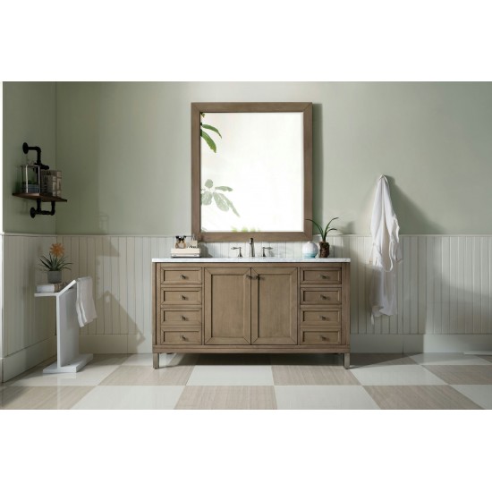 Chicago 60" Single Vanity, Whitewashed Walnut w/ 3 CM Carrara Marble Top