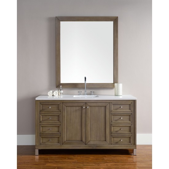 Chicago 60" Single Vanity, Whitewashed Walnut w/ 3 CM Classic White Quartz Top