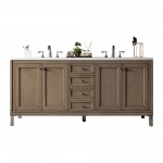 Chicago 72" Double Vanity, Whitewashed Walnut w/ 3 CM Carrara Marble Top