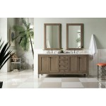 Chicago 72" Double Vanity, Whitewashed Walnut w/ 3 CM Carrara Marble Top