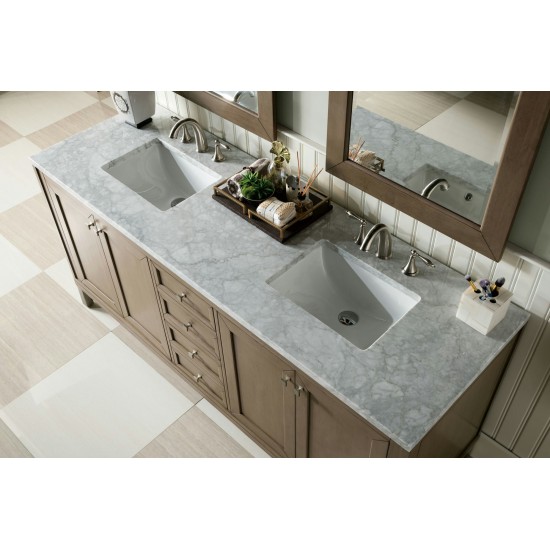 Chicago 72" Double Vanity, Whitewashed Walnut w/ 3 CM Carrara Marble Top