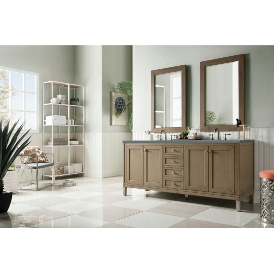 Chicago 72" Double Vanity, Whitewashed Walnut w/ 3 CM Cala Blue Quartz Top