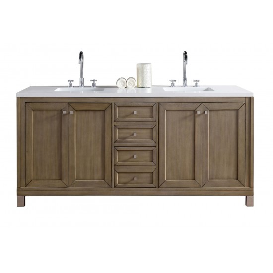 Chicago 72" Double Vanity, Whitewashed Walnut w/ 3 CM Classic White Quartz Top