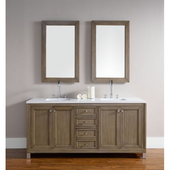 Chicago 72" Double Vanity, Whitewashed Walnut w/ 3 CM Classic White Quartz Top