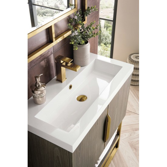 Columbia 31.5" Single Vanity Ash Gray Radiant Gold w/ White Glossy Composite Top