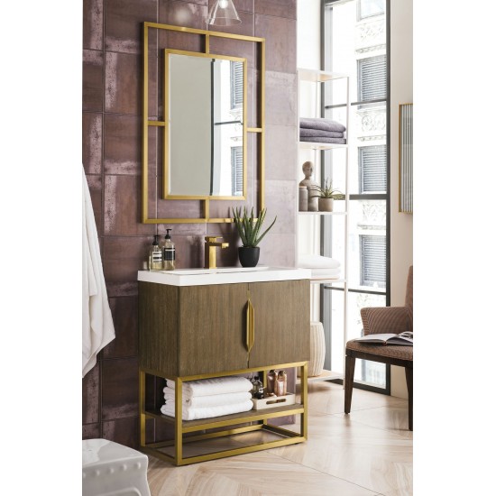 Columbia 31.5" Single Vanity Latte Oak Radiant Gold w/White Glossy Composite Top