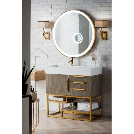 Columbia 36" Single Vanity, Ash Gray, Radiant Gold w/ Glossy White Composite Top