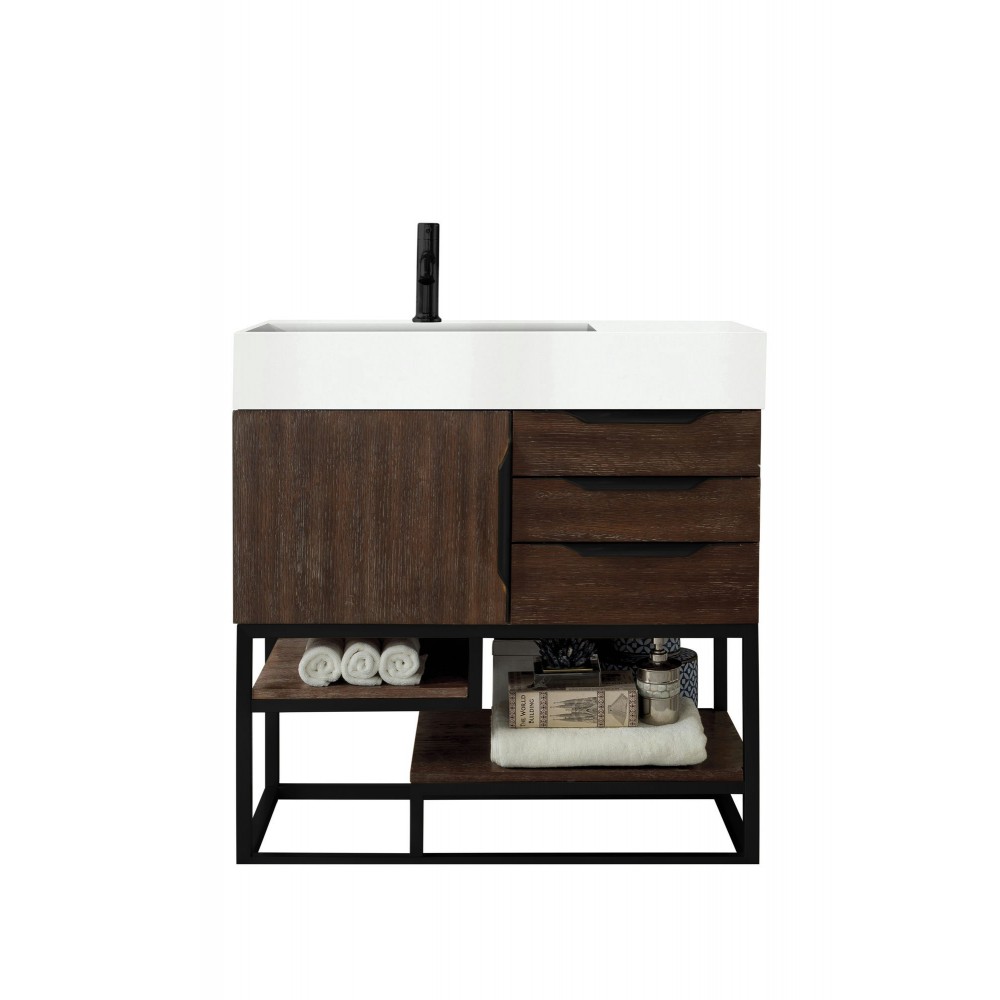 Columbia 36" Single Vanity Coffee Oak Matte Black w/ Glossy White Composite Top Columbia 36" Single Vanity Coffee Oak Matte Black w/ Glossy White Composite Top