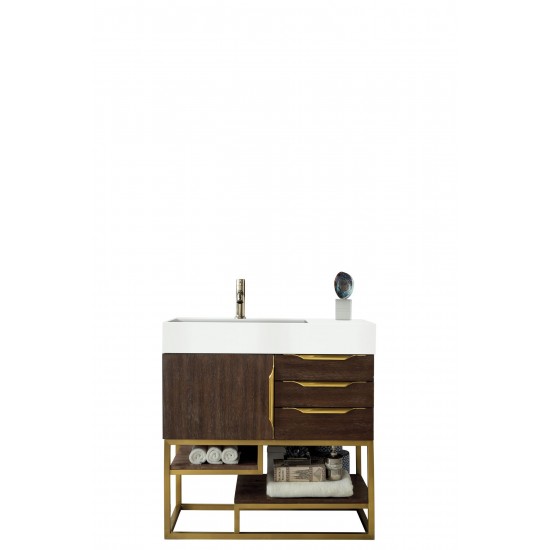 Columbia 36" Single Vanity Coffee Oak Radiant Gold w/ Glossy White Composite Top