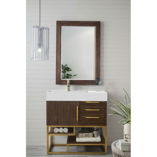 Columbia 36" Single Vanity Coffee Oak Radiant Gold w/ Glossy White Composite Top