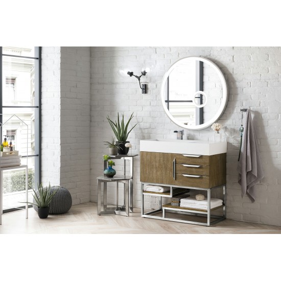 Columbia 36" Single Vanity, Latte Oak w/ Glossy White Composite Top