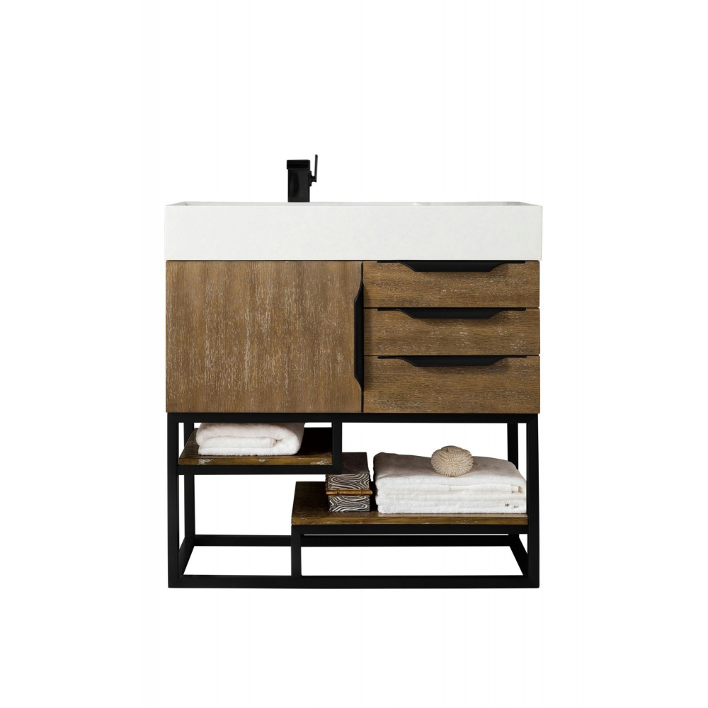 Columbia 36" Single Vanity, Latte Oak, Matte Black w/ Glossy White Composite Top Columbia 36" Single Vanity, Latte Oak, Matte Black w/ Glossy White Composite Top