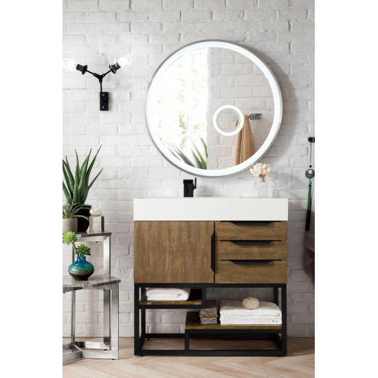 Columbia 36" Single Vanity, Latte Oak, Matte Black w/ Glossy White Composite Top