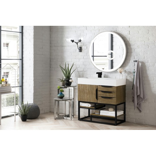 Columbia 36" Single Vanity, Latte Oak, Matte Black w/ Glossy White Composite Top