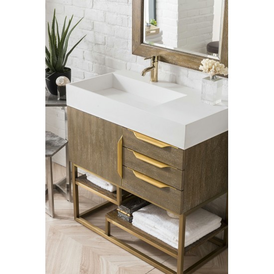 Columbia 36" Single Vanity Latte Oak Radiant Gold w/ Glossy White Composite Top