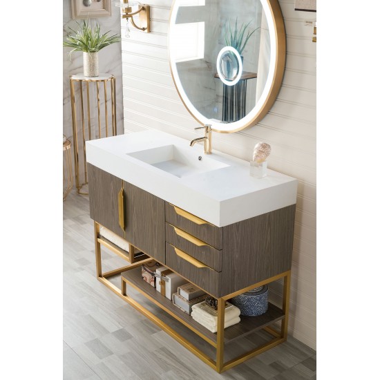 Columbia 48" Single Vanity, Ash Gray, Radiant Gold w/ Glossy White Composite Top