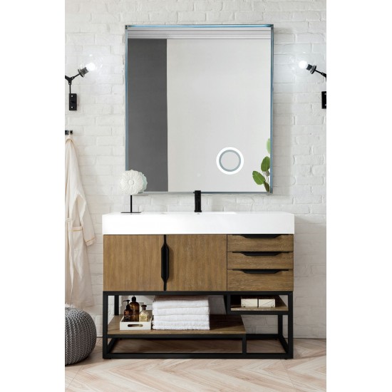 Columbia 48" Single Vanity, Latte Oak, Matte Black w/ Glossy White Composite Top