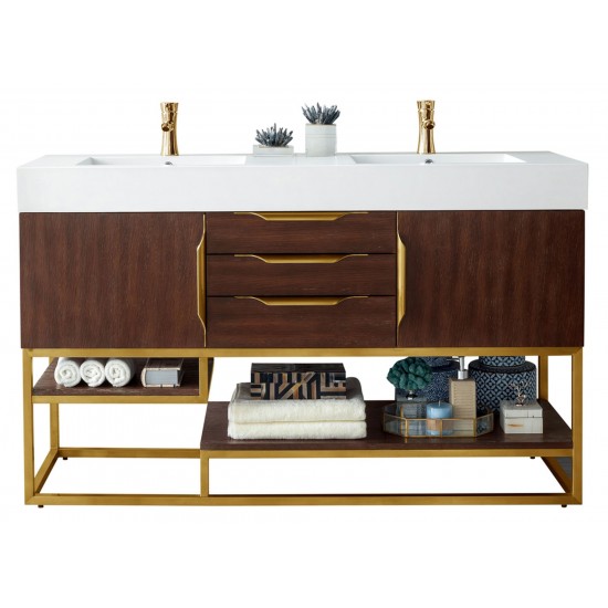 Columbia 59" Double Vanity Coffee Oak Radiant Gold w/ Glossy White Composite Top