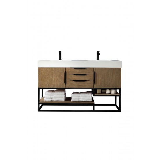 Columbia 59" Double Vanity, Latte Oak, Matte Black w/ Glossy White Composite Top