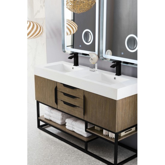 Columbia 59" Double Vanity, Latte Oak, Matte Black w/ Glossy White Composite Top