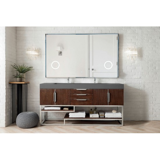 Columbia 72" Double Vanity, Coffee Oak w/ Dusk Grey Glossy Composite Top