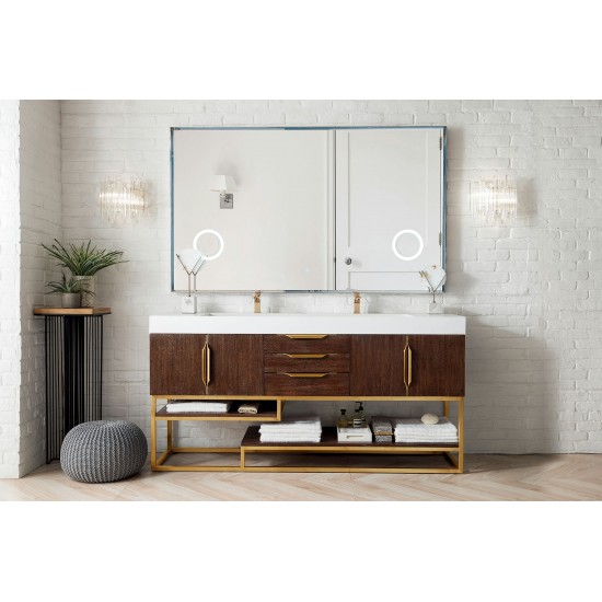 Columbia 72" Double Vanity Coffee Oak Radiant Gold w/ Glossy White Composite Top