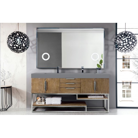 Columbia 72" Double Vanity, Latte Oak w/ Dusk Grey Glossy Composite Top