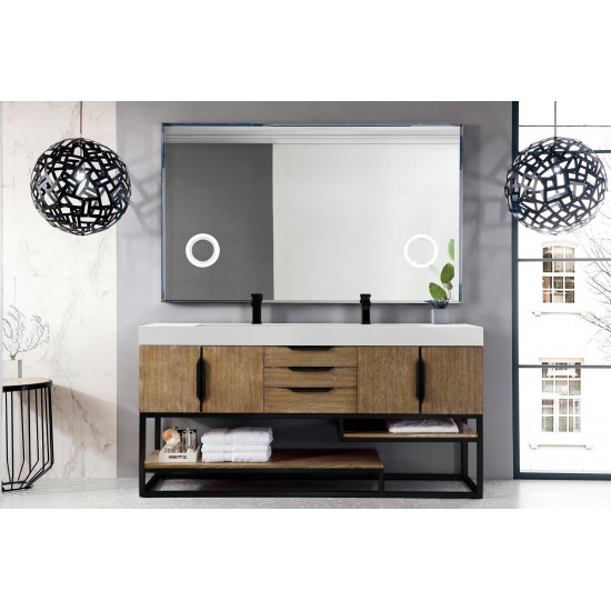 Columbia 72" Double Vanity, Latte Oak, Matte Black w/ Glossy White Composite Top