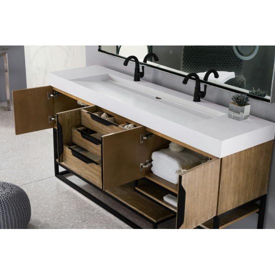 Columbia 72" Double Vanity, Latte Oak, Matte Black w/ Glossy White Composite Top