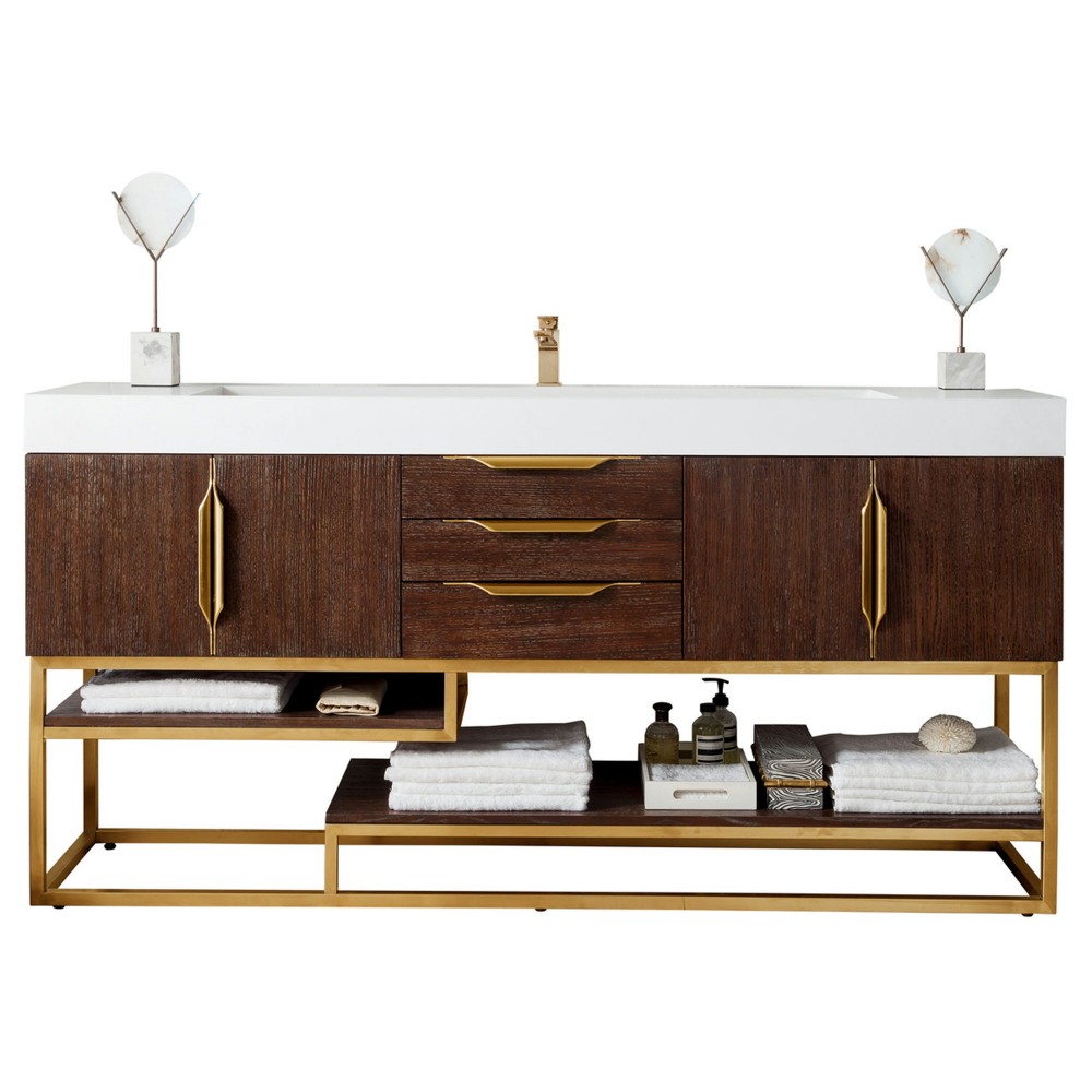 Columbia 72" Single Vanity Coffee Oak Radiant Gold w/ Glossy White Composite Top