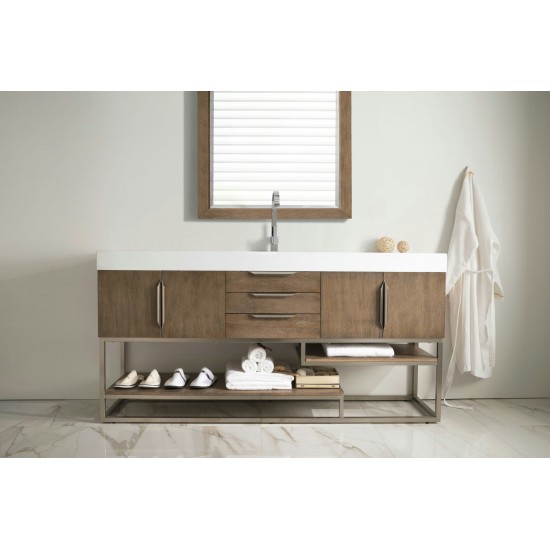 Columbia 72" Single Vanity, Latte Oak w/ Glossy White Composite Top