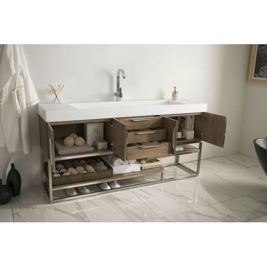 Columbia 72" Single Vanity, Latte Oak w/ Glossy White Composite Top