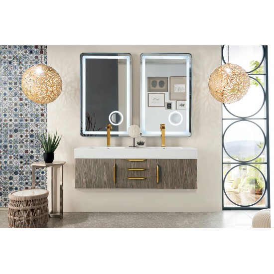 Mercer Island 59" Double Vanity Ash Gray Radiant Gold w/ White Composite Top