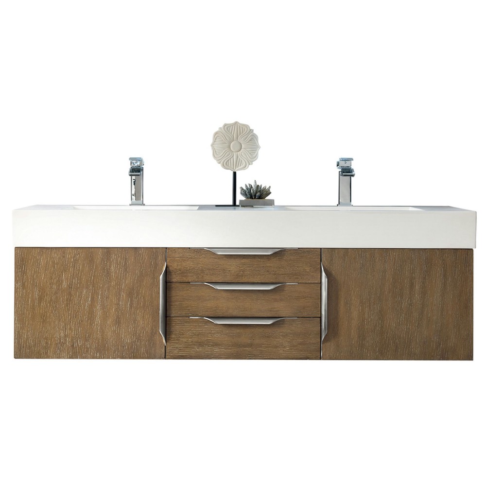 Mercer Island 59" Double Vanity, Latte Oak w/ Glossy White Composite Top